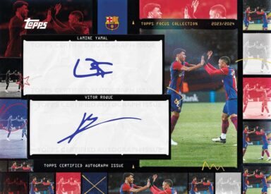 2023-24 TOPPS Focus FC Barcelona Soccer Cards - Synergy Dual Autograph Lamine Yamal / Vitor Roque