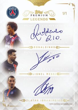 2023-24 TOPPS Premium Black & White Edition Paris Saint-Germain Soccer Cards - Triple Autograph Ronaldinho / Lionel Messi / Zlatan Ibrahimovic