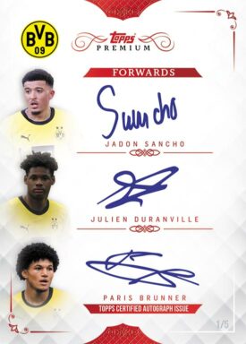 2023-24 TOPPS Premium Borussia Dortmund Soccer Cards - Triple Autograph Jadon Sancho/Julien Duranville/Paris Brunner